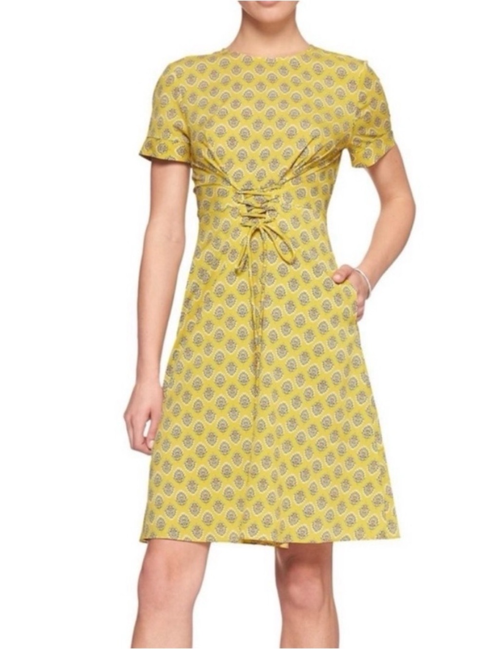 Banana Republic Yellow Patterned Lace-Up Waist Midi Dress